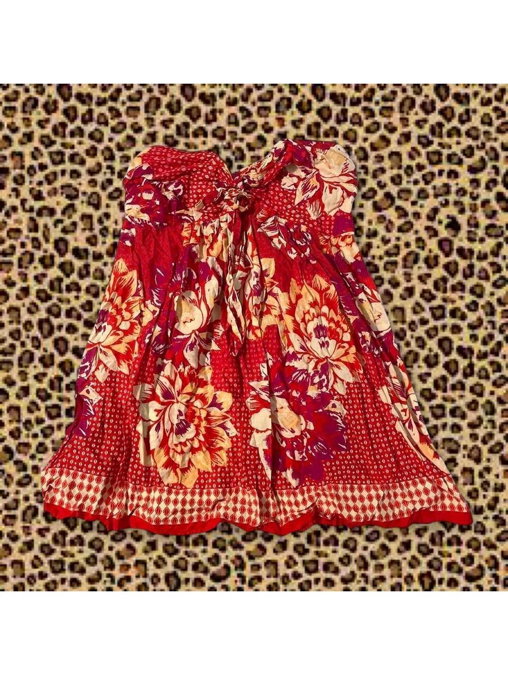 Size L Pure Energy Red Orange Floral Strapless Dress Tunic